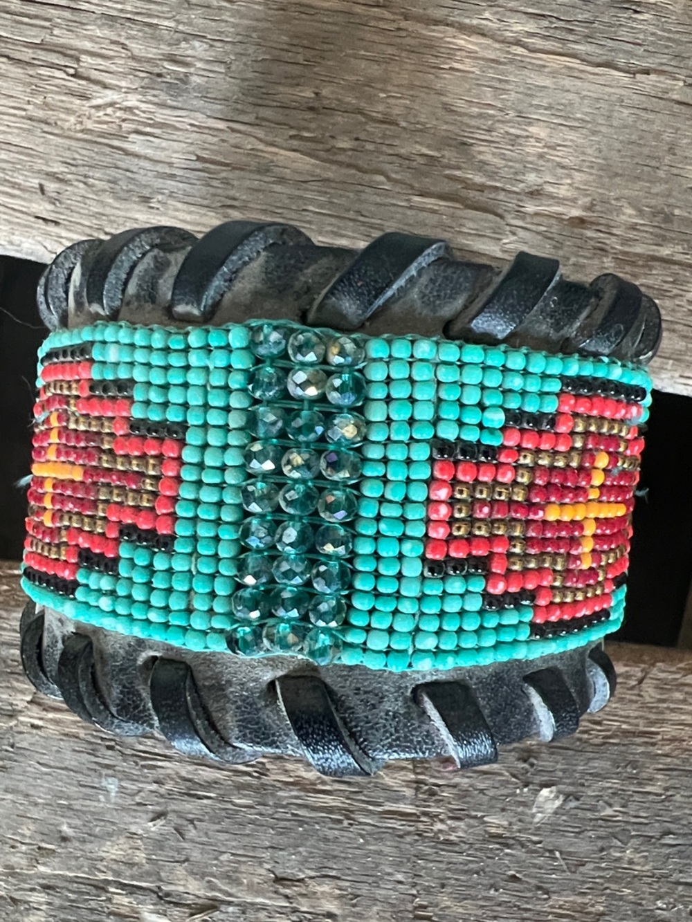 Beaded Turquoise & Red Southwestern Leather Snap Bracelet
